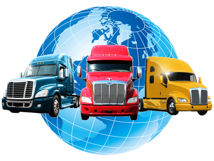 Three semi trucks — blue, red and yellow — in front of a globe